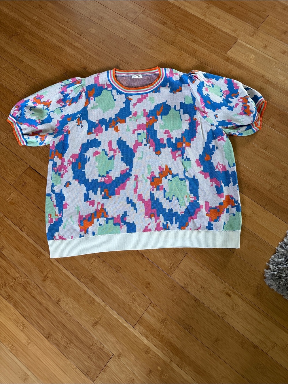 JODIFL Pixel Print Puff Sleeve Tee in White, Blue, Green & Pink